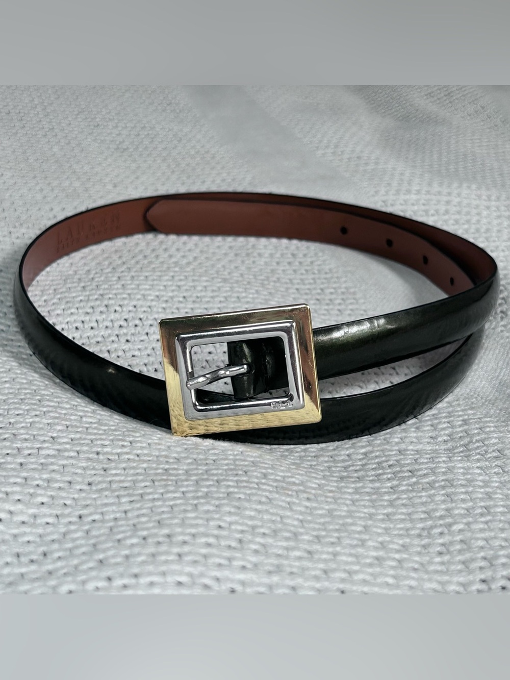 Lauren Ralph Lauren Green Leather Womens M Belt Silver Gold Rectangular Buckle